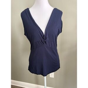 Boston Proper Top Womens Large Blue V-Neck Front Gathered Sleeveless
